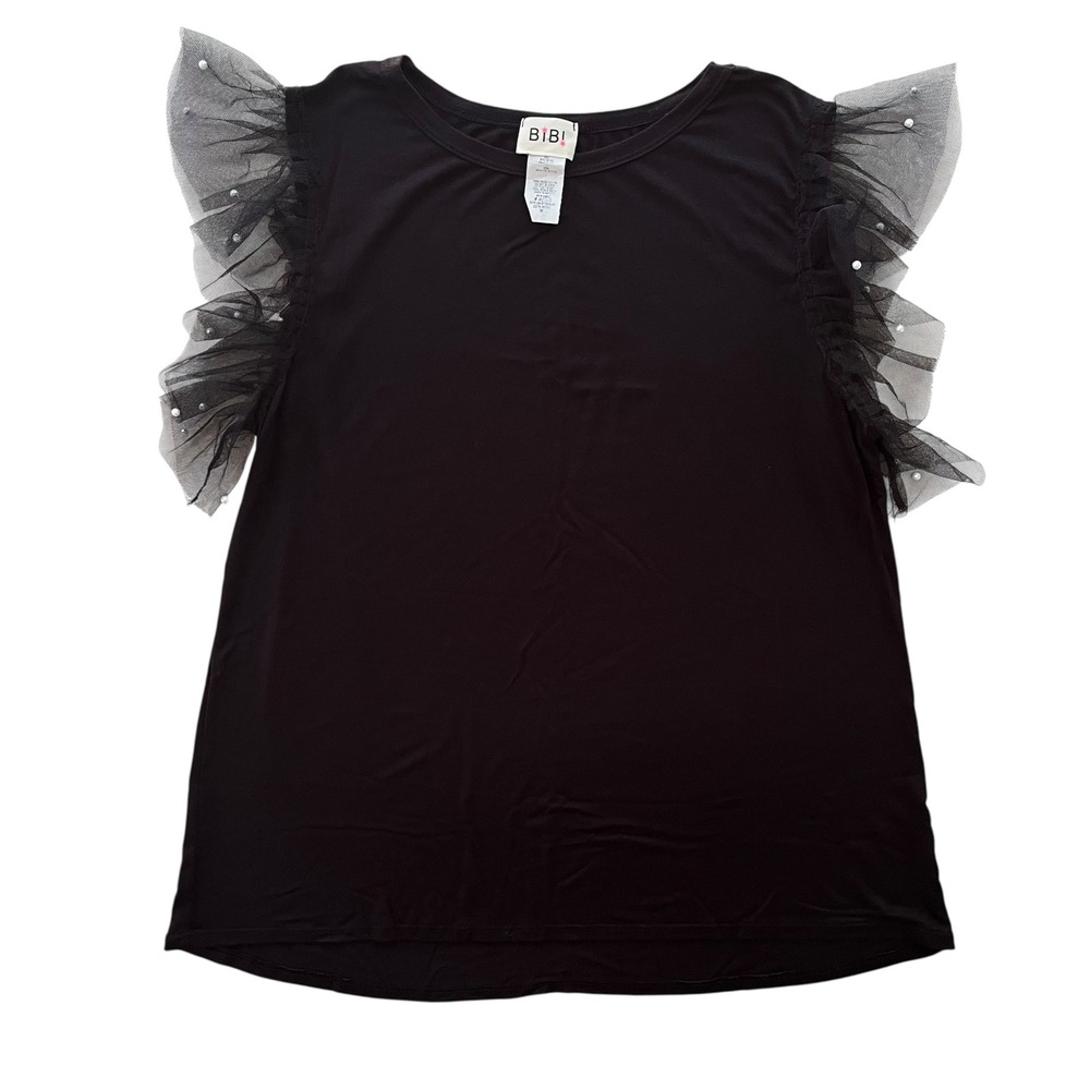 BiBi! Women's M Black Tulle Ruffle Sleeves Faux Pearls Blouse Tunic #BT3586 Chic